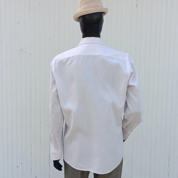 CHRISTIAN DIOR VINTAGE MEN'S PURE WHITE STRIPED LUXURY * CRESTED DRESS SHIRT